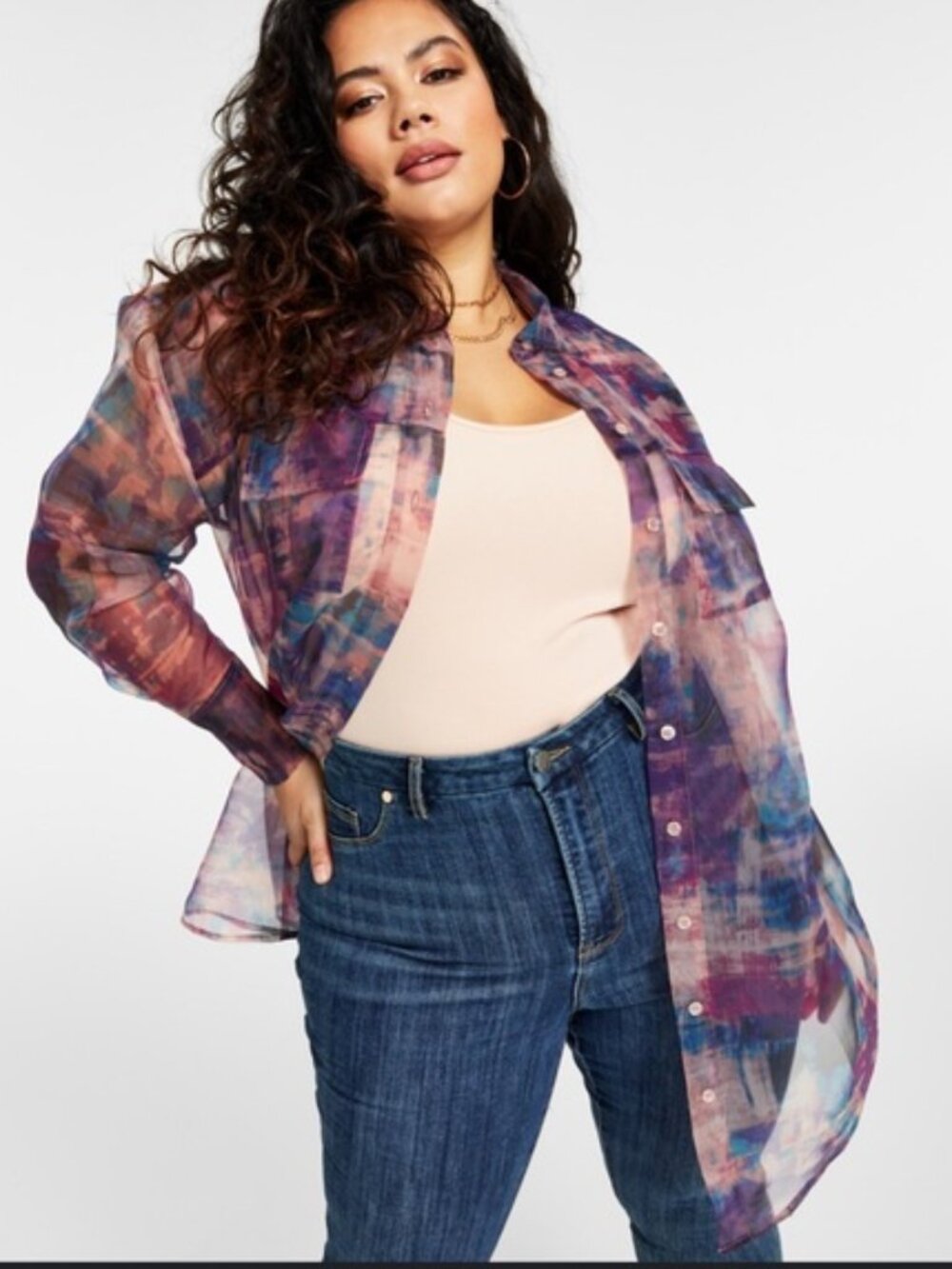 NWT Nina Parker Trendy Plus Size Organza Oversized  button down Shirt 2X